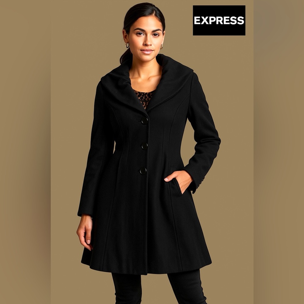 Express Elegant ALine Shawl Collar Wool Blend Coat w/Animal Print Lining